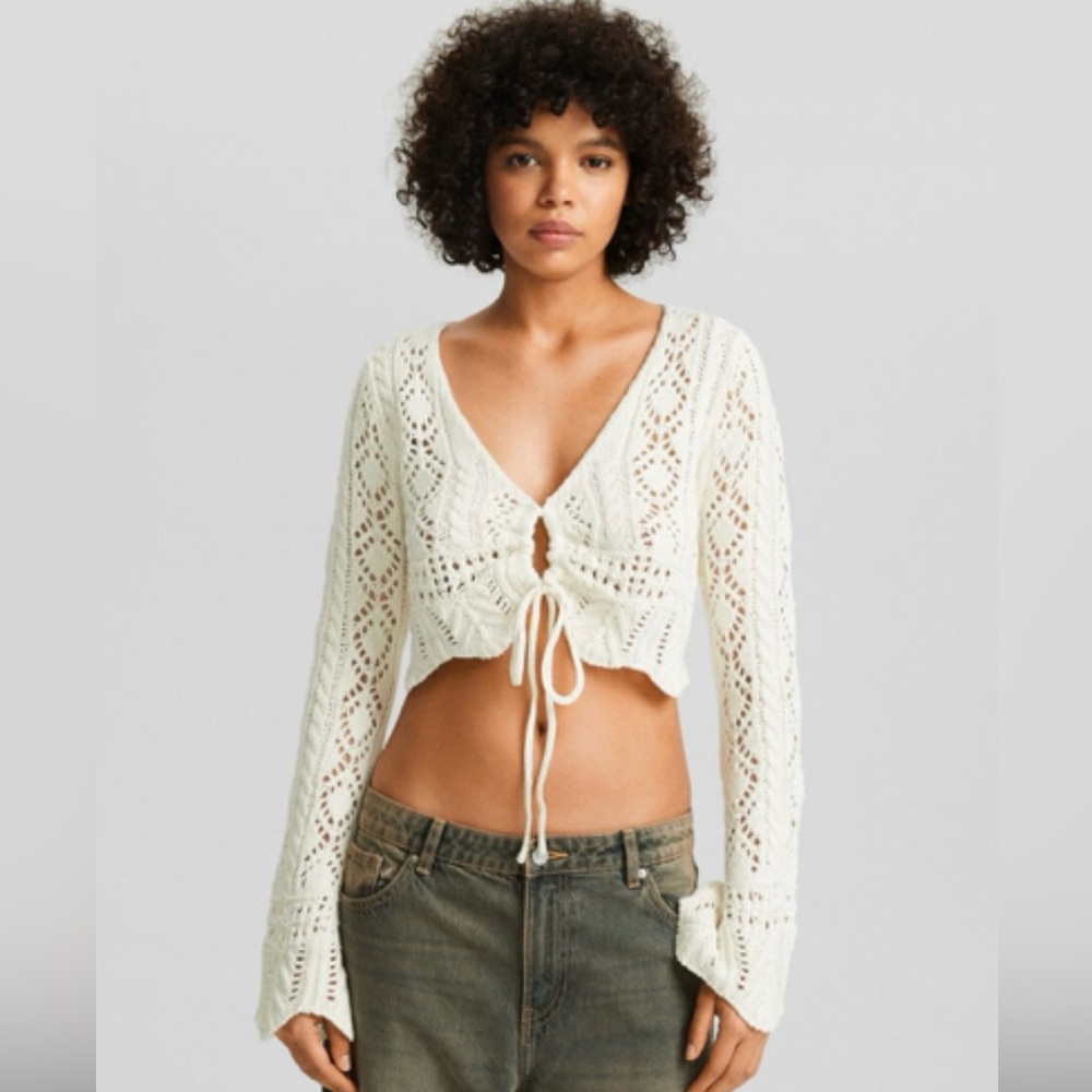 Open knit cardigan with gathered detail